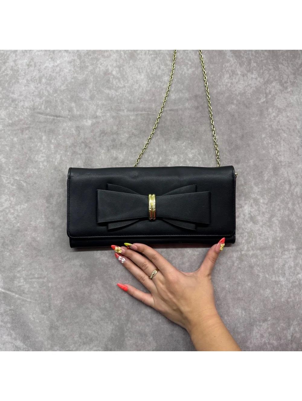 Betsey Johnson Black Faux Leather Front Bow Clutch Gold Chain Crossbody Bag